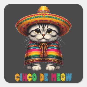 Pegatina Cuadrada Cinco De Mayo Funny Gato Mexicano Sombrero Meow