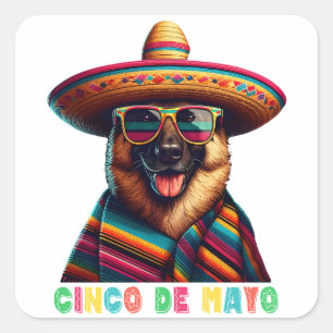 Pegatina Cuadrada Cinco De Mayo Pastor Alemán Con Poncho Sombrero