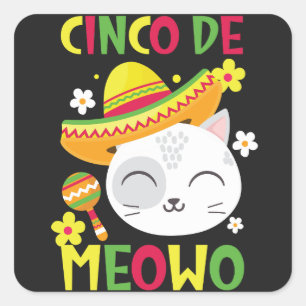 Pegatina Cuadrada Cinco De Meowo, colorido y juguetón gato mexicano
