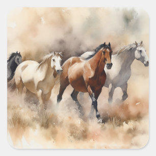 Pegatina Cuadrada “Cinco Mustangs Galopando” Acuarela del Oeste Polv