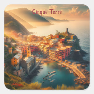 Pegatina Cuadrada Cinque Terre Playa Italia Vintage Europa Viaje
