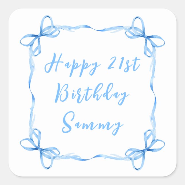 Pegatina Cuadrada Cinta Coqueta Azul Feliz Cumpleaños (Anverso)