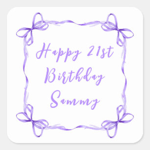 Pegatina Cuadrada Cinta Coqueta Morada Feliz Cumpleaños