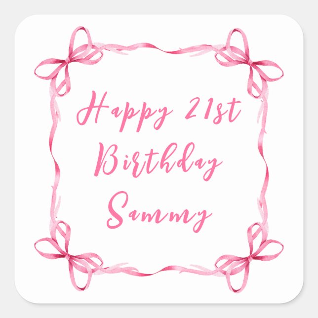 Pegatina Cuadrada Cinta Coqueta Rosa Feliz Cumpleaños (Anverso)