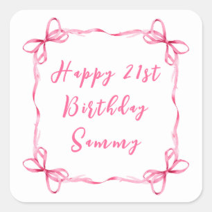 Pegatina Cuadrada Cinta Coqueta Rosa Feliz Cumpleaños