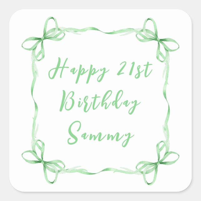 Pegatina Cuadrada Cinta Coqueta Verde Feliz Cumpleaños (Anverso)