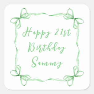 Pegatina Cuadrada Cinta Coqueta Verde Feliz Cumpleaños