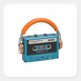 Pegatina Cuadrada Cinta de casete azul retro con auriculares naranja