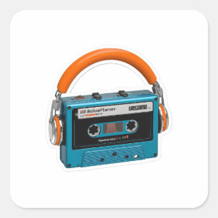 Pegatina Cuadrada Cinta de casete azul retro con auriculares naranja