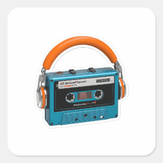 Pegatina Cuadrada Cinta de casete azul retro con auriculares naranja