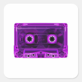 Pegatina Cuadrada Cinta de Casete Transparente Purpura Neon Retro 80