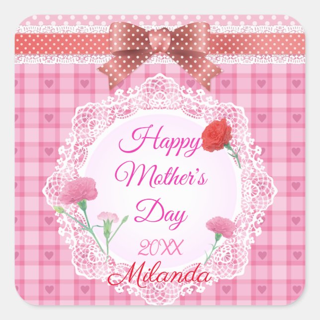 Pegatina Cuadrada Cinta de encaje feliz día de la madre (Anverso)