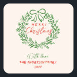 Pegatina Cuadrada Cinta de la banda roja retro Wreath Merry Christma<br><div class="desc">Si buscas una pegatina única y hermosa fácil de editar para Navidad festiva. Este es perfecto para ti. Y como ven el diseño presenta una ira de cinta pintada a mano y pintada de color verde. Con una caligrafía escrita a mano roja de MERRY CHRISTMAS. Y tu apellido y año...</div>