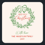 Pegatina Cuadrada Cinta de la banda roja retro Wreath Merry Christma<br><div class="desc">Si buscas una pegatina única y hermosa fácil de editar para Navidad festiva. Este es perfecto para ti. Y como ven el diseño presenta una ira de cinta pintada a mano y pintada de color verde. Con una caligrafía escrita a mano roja de MERRY CHRISTMAS. Y tu apellido y año...</div>