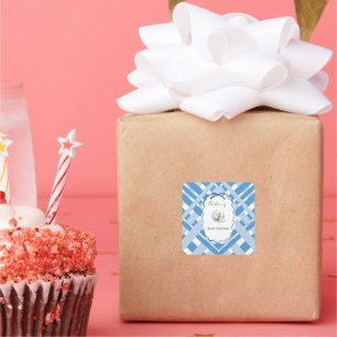 Pegatina Cuadrada Cinta de oso para baby shower de niño a cuadros az