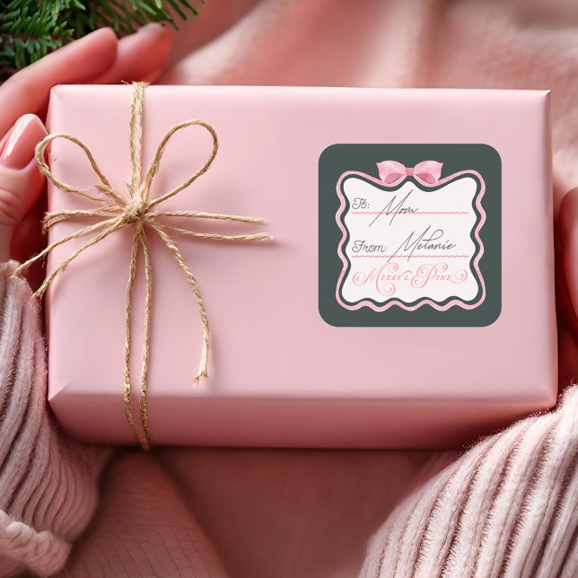 Pegatina Cuadrada Cinta rosa retro de ondulación y ondulación rosada (Merry & Pink Wavy Retro Pink Ribbon & Bow To From Square Sticker)