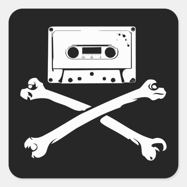 Pegatina Cuadrada Cinta y Crossbone Música Pirata Piratería Tapeo Ho (Anverso)