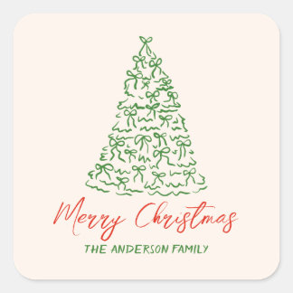 Pegatina Cuadrada Cintas Retro Vintage Dibujadas a Mano Árbol Navida