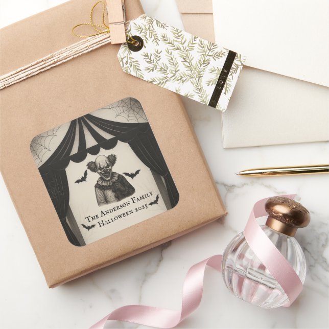 Pegatina Cuadrada Circo Antiguo | Tema de Carnaval Embrujado de Hall (Regalar)