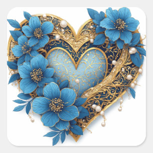 Pegatina Cuadrada 🌿 Círculo Floral de Corazón Dorado para Envolver