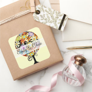 Pegatina Cuadrada Círculo forestal mágico de Boda de árbol de flores