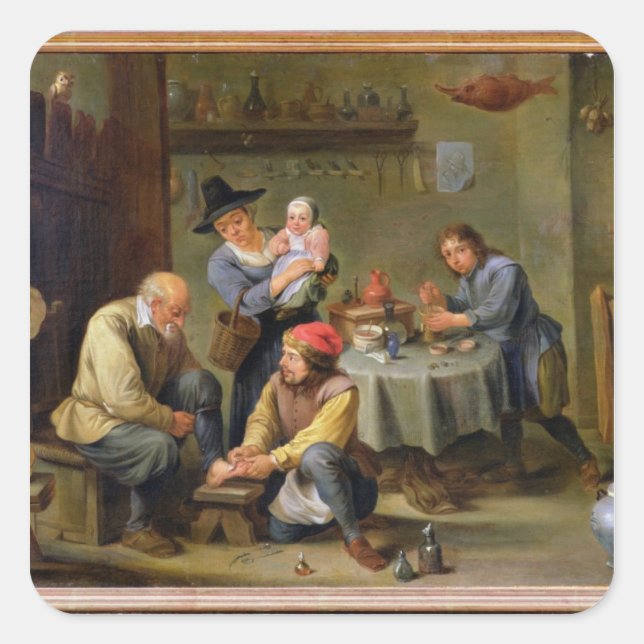 Pegatina Cuadrada Cirujano cuidando del pie de un anciano (Anverso)
