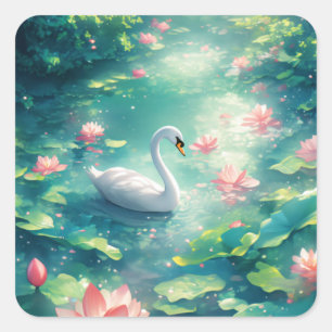 Pegatina Cuadrada Cisne Blanco Elegante en Estanque de Lirios