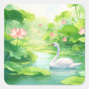 Pegatina Cuadrada Cisne Blanco Elegante en Estanque Soleado de Lirio