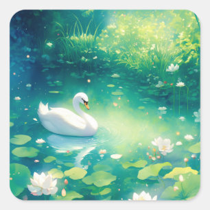 Pegatina Cuadrada Cisne Blanco Elegante en Mágico Estanque de Lirios