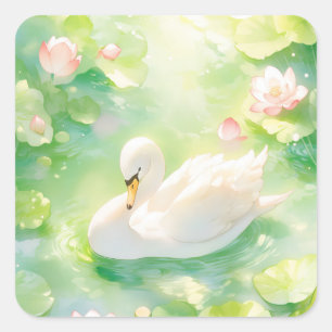 Pegatina Cuadrada Cisne Blanco Elegante en Mágico Estanque de Lirios