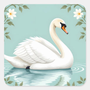 Pegatina Cuadrada Cisne blanco elegante floral azul