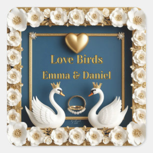 Pegatina Cuadrada Cisne de Boda Nombre Personalizado Decoración Azul