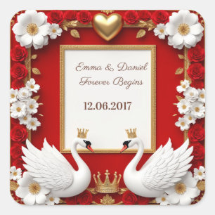 Pegatina Cuadrada 🦢 Cisne de Boda Perla Dorada Roja ✨