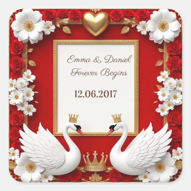 Pegatina Cuadrada 🦢 Cisne de Boda Perla Dorada Roja ✨ (Anverso)