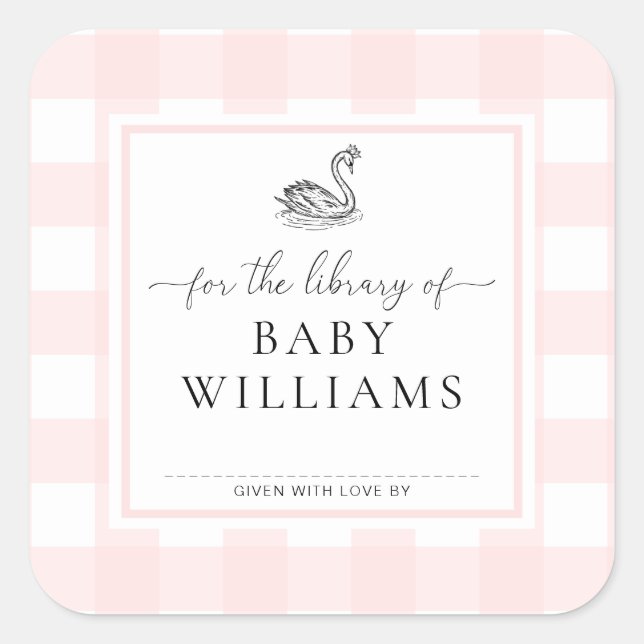 Pegatina Cuadrada Cisne De Cuadros Rosa Para La Biblioteca De Ex Lib (Anverso)
