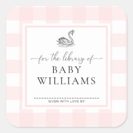 Pegatina Cuadrada Cisne De Gingham Rosa Para La Biblioteca De Ex Lib