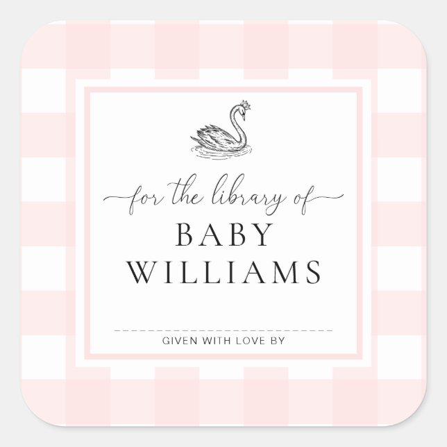 Pegatina Cuadrada Cisne De Gingham Rosa Para La Biblioteca De Ex Lib (Anverso)