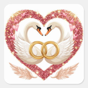 Pegatina Cuadrada Cisnes de Boda Románticos con Anillos de Oro