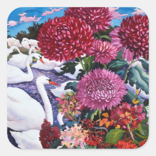 Pegatina Cuadrada Cisnes y crisantemos 2005