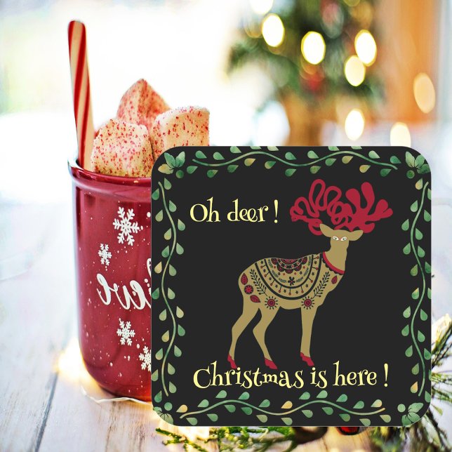 Pegatina Cuadrada Cita de Navidades nórdicos del marco verde de los  (Nordic Gold Reindeer Green Frame Christmas Quote Square Sticker)