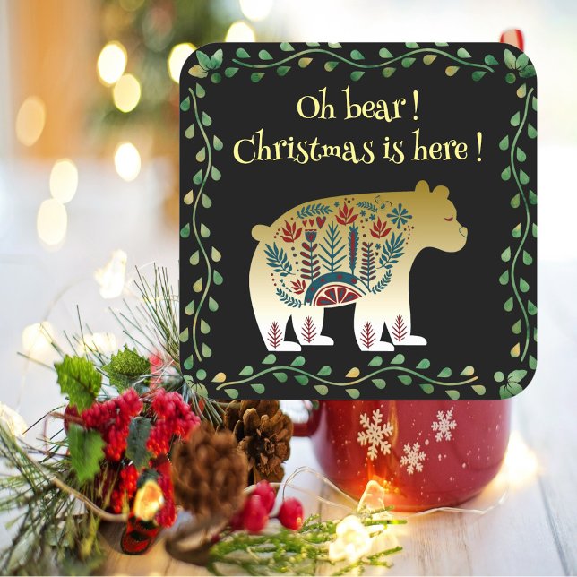 Pegatina Cuadrada Cita de Navidades nórdicos del marco verde del oso (Nordic Golden Bear Green Frame Christmas Quote Square Sticker)