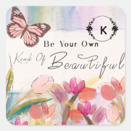 Pegatina Cuadrada Cita de tulipanes cálidos y mariposa,Monograma Per