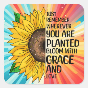 Pegatina Cuadrada Cita inspiradora y girasol dibujado a mano