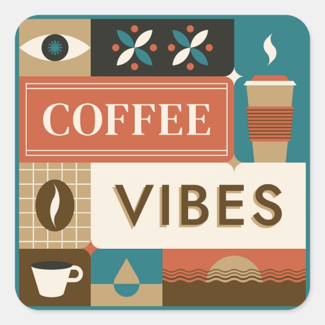 Pegatina Cuadrada Citas de café coloridas (Anverso)