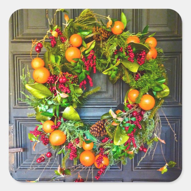 Pegatina Cuadrada Citrus Holiday Wreath Bok Gardens Florida (Anverso)