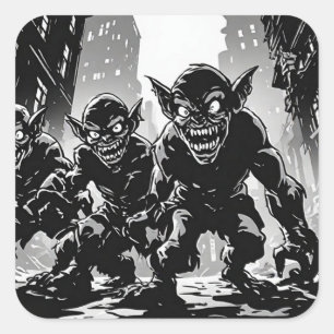 Pegatina Cuadrada Ciudad abandonada de demonios duendes estilo cómic