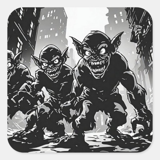 Pegatina Cuadrada Ciudad abandonada de demonios duendes estilo cómic (Anverso)
