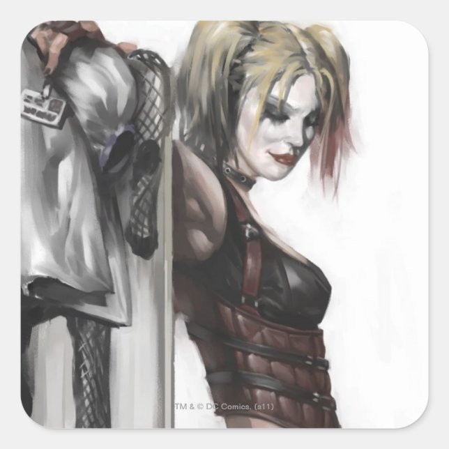 Pegatina Cuadrada Ciudad Batman Arkham | Ilustracion Harley Quinn (Anverso)