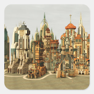 Pegatina Cuadrada Ciudad de fantasía futurista Arte de horizonte de