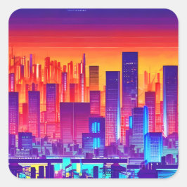 Pegatina Cuadrada Ciudad de Synthwave/Cyberpunk al atardecer